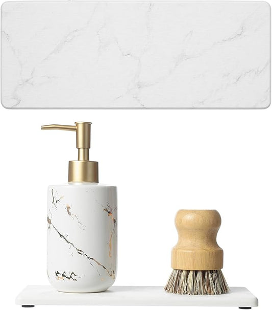 2PCS Water Absorbing Stone Drying Tray for Kitchen Counter, Diatomite Mat Vanity Caddy for Bathroom Sink, Faucet Splash Guard,Soap Dispenser Rack Sponge Holder Organizer, Marble White, 9"x3.5"