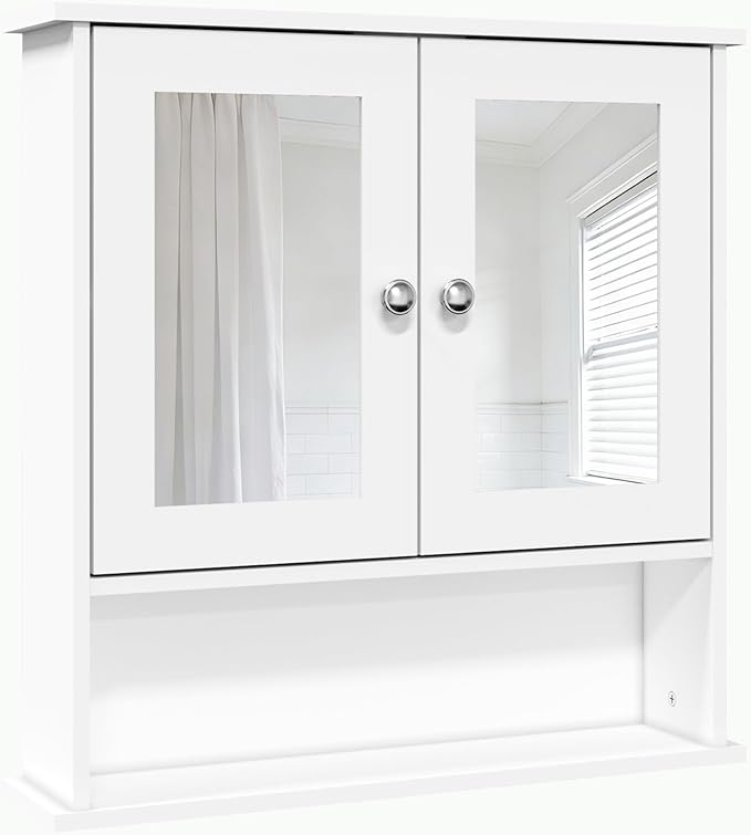 Panana Wall Mounted Bathroom Cabinet Wall Cabinet with 2 Mirrored Doors and Open Compartment, Inner Adjustable Shelf, 22" x 5.1" x 22.8" (White)