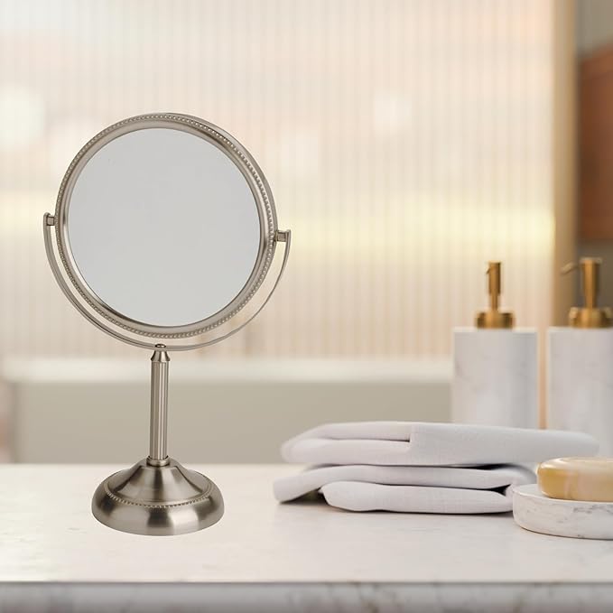 JERDON Two-Sided Tabletop Makeup Mirror - Makeup Mirror with 10X Magnification & Swivel Design - Portable 6-Inch Diameter Mirror in Nickel Finish - Model JP910NB