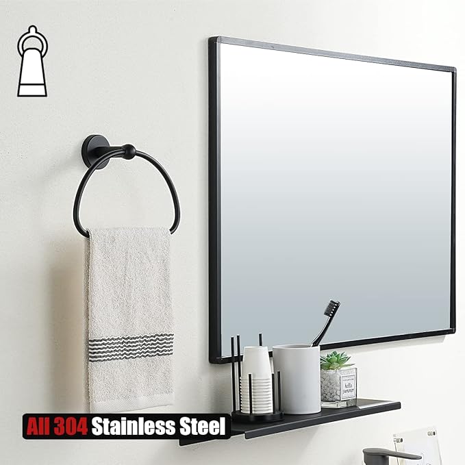 JQK Towel Ring Matte Black, Stainless Steel Half Ring Towel Holder for Bathroom, 7 Inch Brushed Finished Wall Mount, TR160-PB
