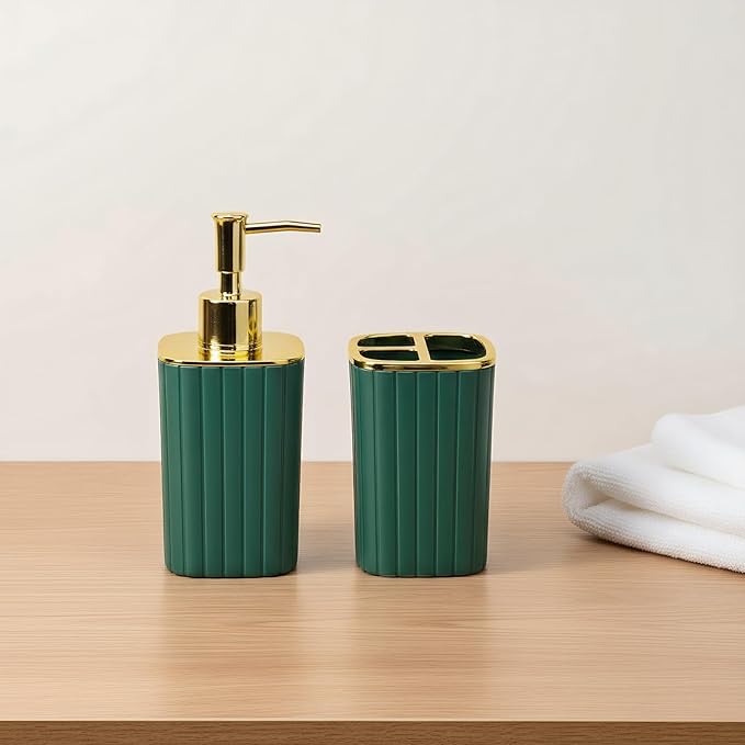 2Pack Bathroom Accessories Set, Forest Green Bathroom Set. Bathroom Toothbrush Holder Set, Includes Dispenser and Toothbrush Holder. Bohemian Bathroom Accessories