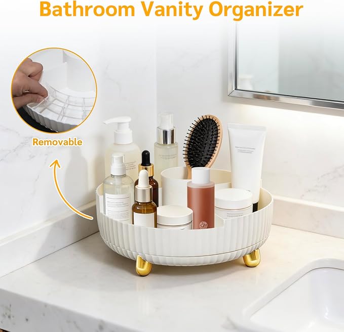 Rotating Makeup Organizer with Brush Holder Spinning Tray for Cosmetics, Skincare, Perfume Bathroom Vanity Storage, White
