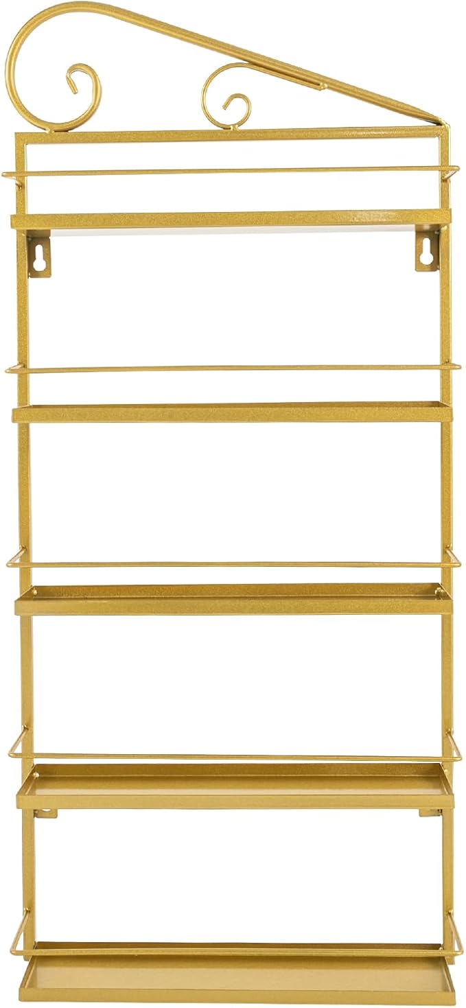 Wall-Mounted Nail Polish Storage Racks Metal Nail Polish Holder 5 Tiers Salon Wall Shelf Organizer Wall Shelf for Nails Salons, Beauty Shops, Stores (1 Middle Rack, 2 Side Racks, Gold)