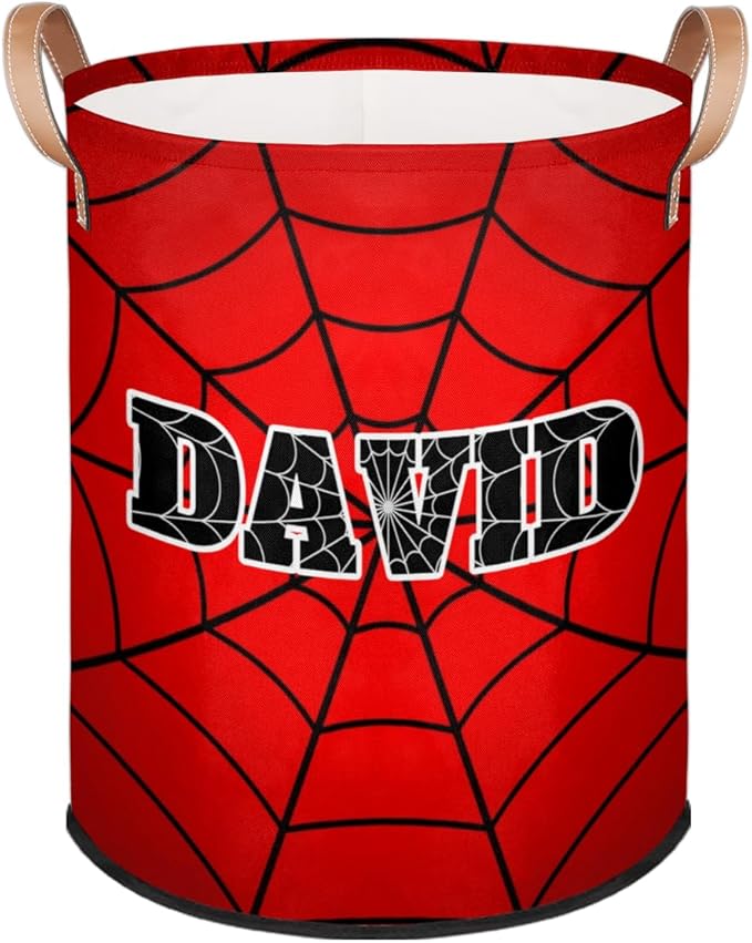 Spider Wed Personalized-Laundry-Hamper-Basket for Kids Custom Name Collapsible Storage Organizer Bin Dirty Clothes Toys Hamper for Boys Nursery in Laundry, Bedroom, Bathroom Gray
