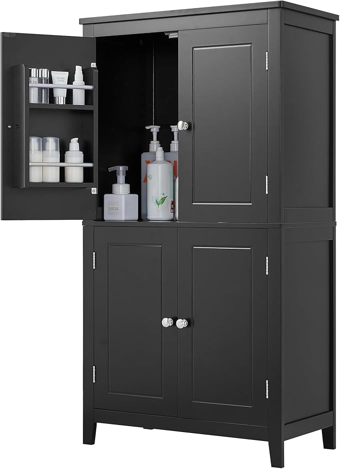 Black Bathroom Storage Cabinet Freestanding Design with 4 Doors Adjustable Shelves Waterproof MDF Board for Home Organization Bathroom Office Use