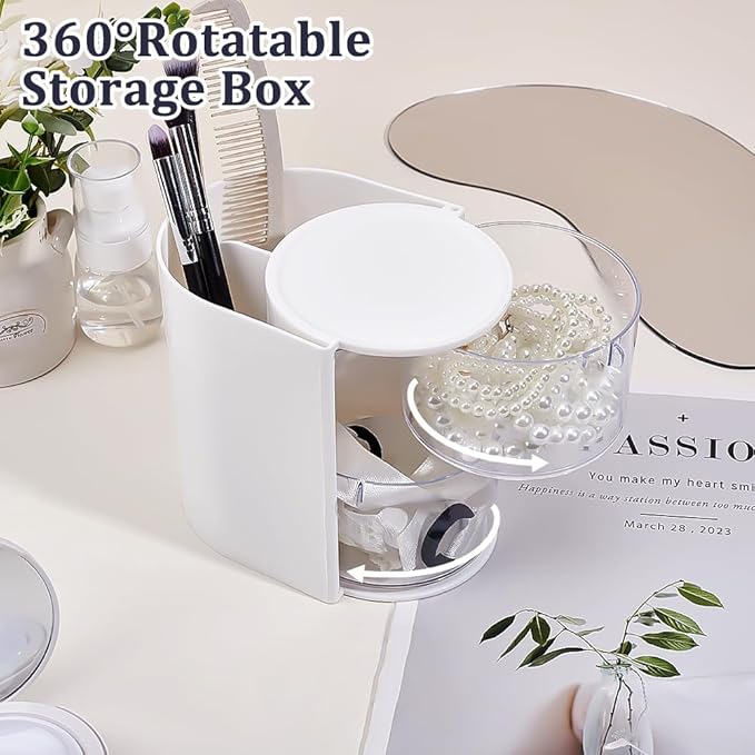 2-Layers Plastic Makeup Puff Storage Box Rotating Cosmetic Storage Organizer Clear Hair Accessories Organizer Hair Brushes Holder Jewelry Box for Necklace Earring Desktop Case White