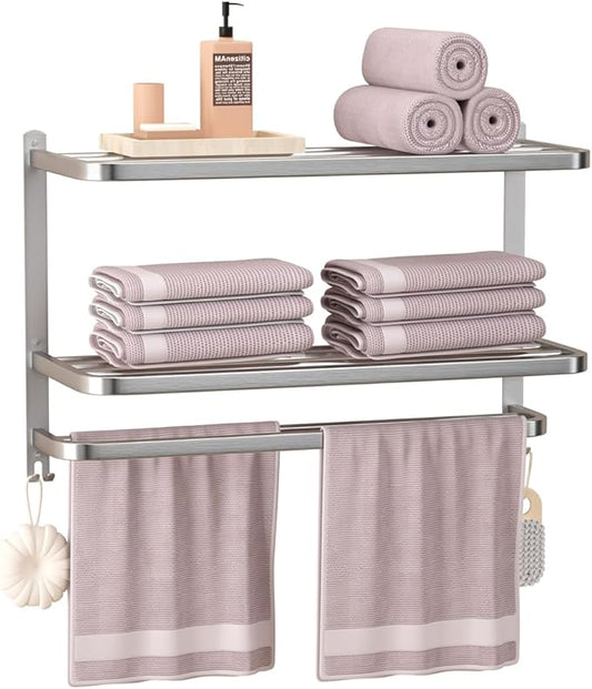 DDS-DUDES 23" Towel Racks for Bathroom with Towel Bars, 3 Tier Hotel Towel Shelf Stainless Steel Wall-Mounted Holder with Towel Shelves Brushed Nickel