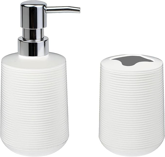 Bathroom Accessories Set, Bathroom Soap Dispenser & Toothbrush Holder Set, 2Pcs High Capacity Bathroom Set in White, Minimalist Boho Style for Clutter-Free Bathroom