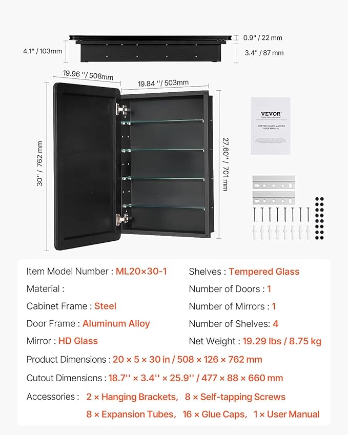 VEVOR Medicine Cabinet, 20 x 30 inch, Medicine Cabinet for Bathroom with Mirror, Aluminum Frame Bathroom Wall Cabinet, 4-Layer Adjustable Shelves, Recessed & Wall-Mounted Installation