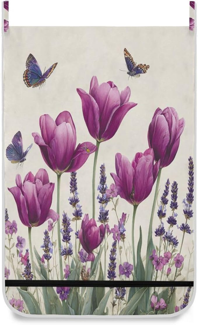 Purple Tulilp Butterfly Hanging Laundry Hamper Door Hampers Bag Basket with Stainless Steel Hooks Oxford Fabric Printing Decorative Clothes Bags 29.5X20inch 1Pack