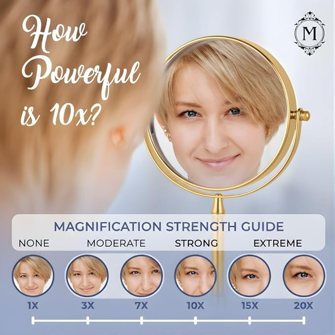 MIRRORVANA Large Double Sided 10X and 1X Magnifying Makeup Mirror with Stand in Gift Box, 15” Tall and 8” Wide (Gold)