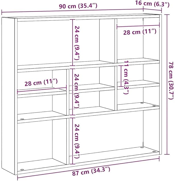 Wall Shelf with 10 Storage Compartments, Grey Sonoma Engineered Wood Floating Display Shelving Unit for Bedroom Living Room Office, 35.4 x 6.3 x 30.7 Inches