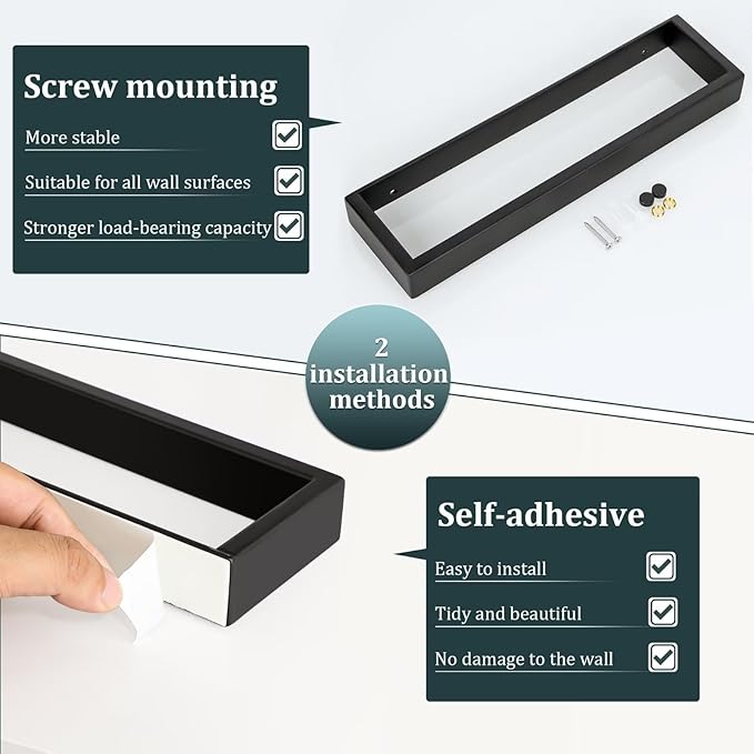 Sayayo Matte Black Towel Bar for Bathroom, 12 Inch Hand Towel Holder Wall Mount, Screw or Self Adhesive Towel Ring Square SUS304 Stainless Steel, 3.2 Inch Wide