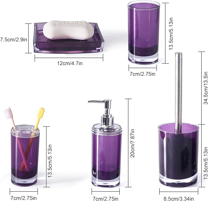 5 Pcs Purple Acrylic Bathroom Accessories Set Complete,Lotion/Soap Dispenser,Soap Dish,Toothbrush Holder, Tumbler,Toilet Brush and Holder,Modern Bathroom Decor and Housewarming Gift Set (Dark Purple)