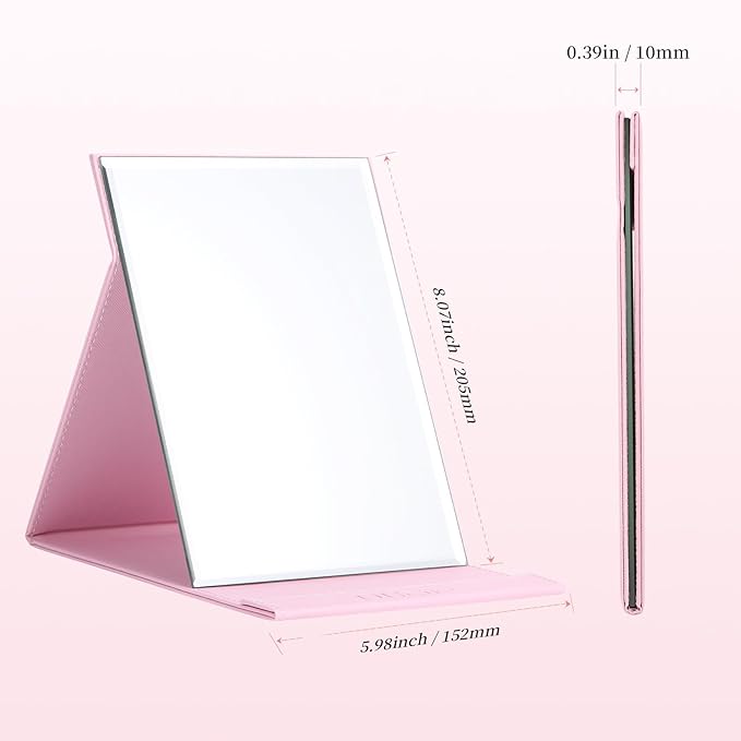 DUcare Folding Mirror Portable Travel PU Portable Adjustable Rectangular Ultrathin Vanity Mirror with Stand Pink