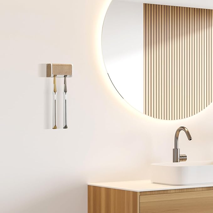 PARKMANI Toothbrush Holders Wall Mounted with Cover, Electric Tooth Brushing Holder for Bathroom, 2 Slots Self Adhesive Toothbrush Organizer, Toothbrush Stand for Family, Kids (1, Wood Grain)