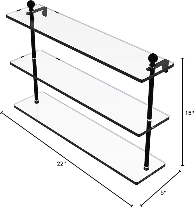 Allied Brass MA-5/22 Mambo Collection 22 Inch Triple Tiered Glass Shelf, Matte Black