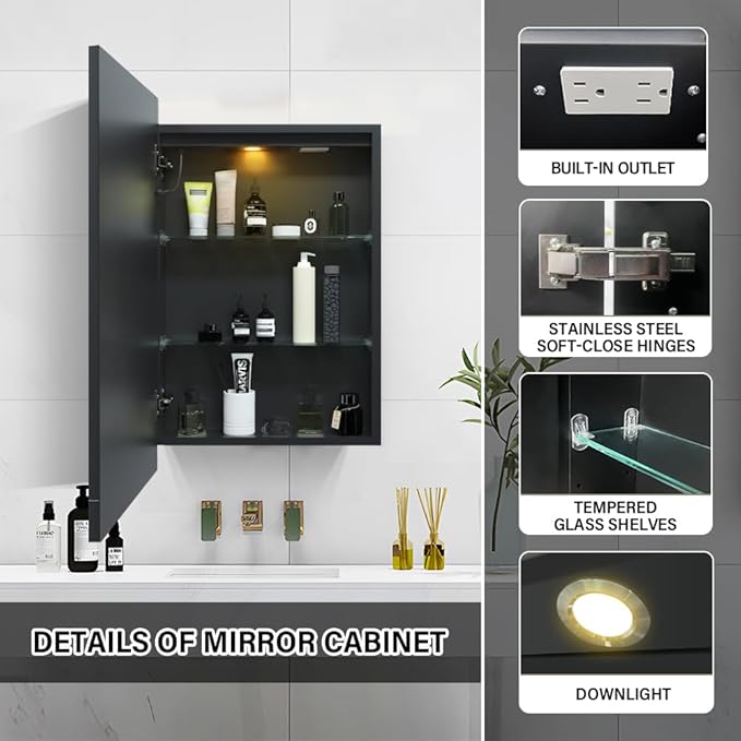 LED Medicine Cabinet,16x24inch,Recess Mirror Cabinet for Bathroom,3 Color,Dimmable,Demister, Detachable Side Panel for Recess Mount or Surface Mount,USB Shaver Socket, Internal Lighting