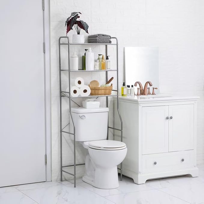 3-Tier Over The Toilet Storage Unit, Satin Nickel Steel Bathroom Organizer with Liners, Space-Saving Toilet Tank Shelf Stand for Bathroom, Kitchen, Laundry Room