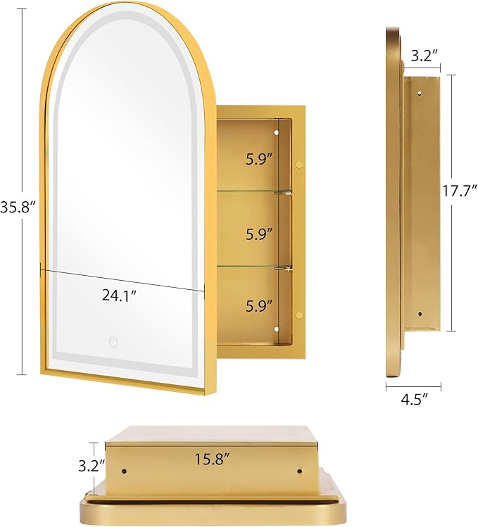 SogesHome Wall Mounted Mirror Medicine Cabinet 36"X24" with LED Lights, Arched Vanity Mirror Storage with Shelves, Modern Decro Recessed Mirror Medicine Cabinet for Bathroom, Bedroom, Gold