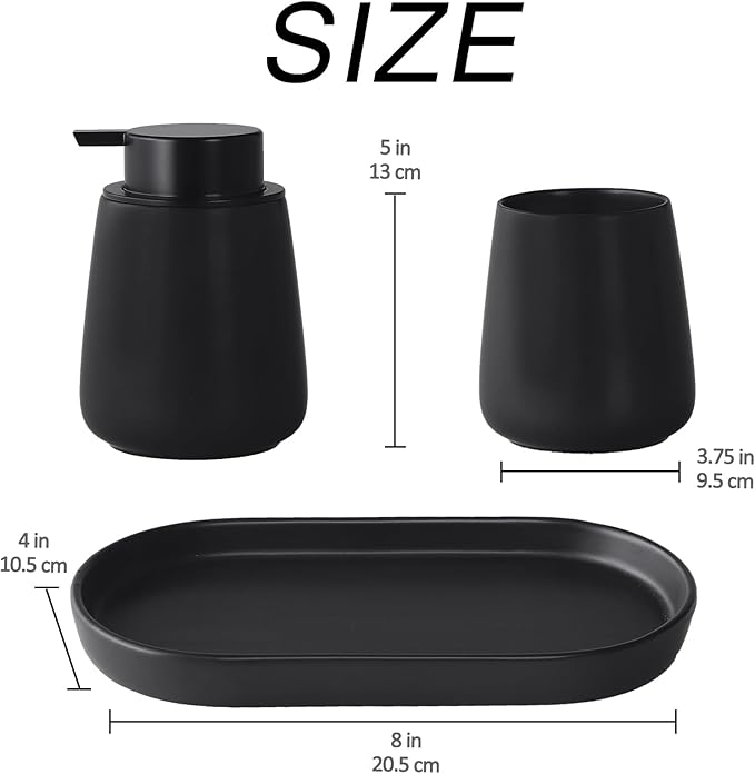 Matte Black Bathroom Accessory Set - 3pcs Ceramic Soap Dispenser Set Vanity Countertop Accessories Set, Includes Refillable Foaming Hand Soap Dispenser, Toothbrush Holder and Tray (Foam Pump)