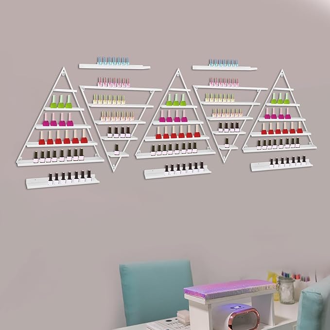 10PCS Triangular Wall-Mounted Nail Polish Racks, White 5-Tier Nail Polish Shelves, Heavy-Duty Cosmetic Display Cases with Raised Edges for Nail Salon, Home, Shop Use