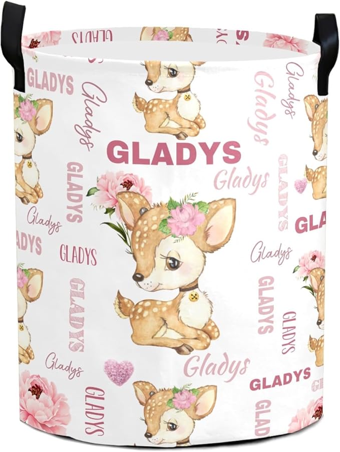 Large Custom Name Laundry Hamper, Deer Personalized Dirty Clothes Hamper Storage Basket with Name for Bathroom Bedrooms, Customized Name Circular Hamper with Handles for Baby Boys Girls Men Women