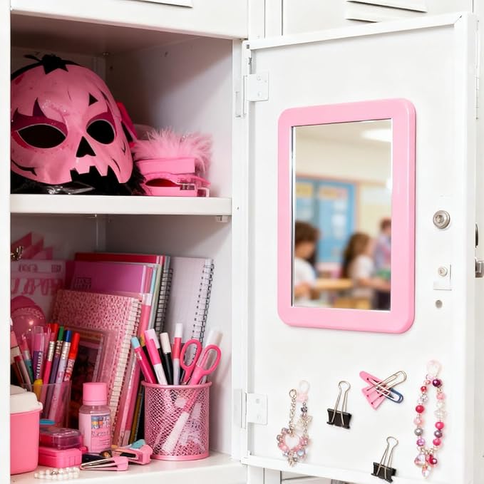 ARTLYMERS Magnetic Locker Mirror, 5x7 Real Glass Small Mirrors for Locker with Magnetic Backing, for School Locker, Bathroom, Household Refrigerator, Locker Accessory (Pink)