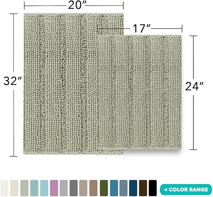 Turquoize Chenille Bathroom Rugs Set Non-Slip Bath Mats Extra Soft and Absorbent Shaggy for Floor Indoor Mat Kitchen/Entryway (20" x 32" and 17" x 24"), Eucalyptus