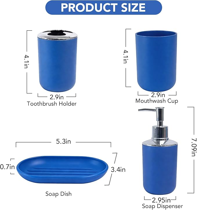 Matte Blue Bathroom Accessories Set, 4 Piece Plastic Bathroom Toothbrush Holder Set, Include Soap Dispenser, Toothbrush Holder, Rinse Cup, Soap Dish, Boho Blue Bathroom Decor for Home, Bathroom Set