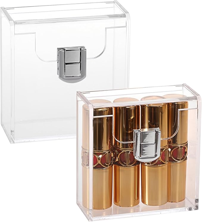 BTSKY 2 Pack Compact Lipstick Organizer with Silver Latch, Clear Acrylic Perfume Holder & Nail Polish Organizer, Small Q-Tips Holder Dispenser Vanity Cosmetic Organizers for Lipstick Travel Samples