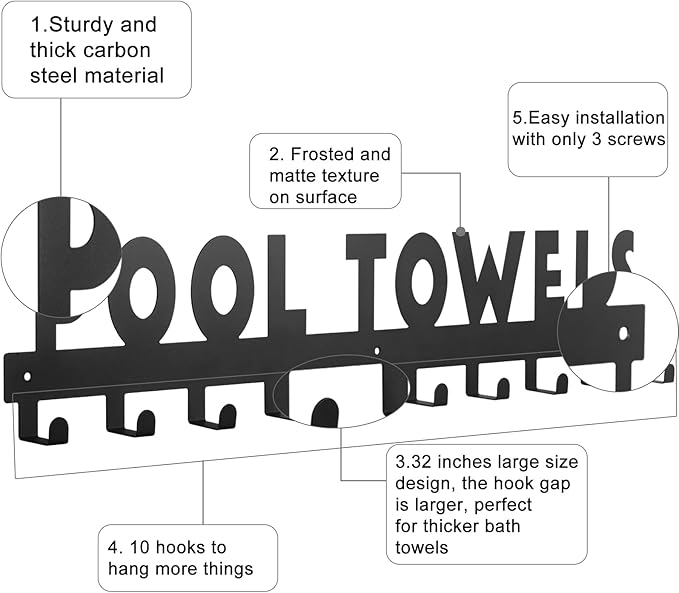 IBosins Large Pool Towel Rack with 10 Hooks, Towel Holder Wall Mounted for Outdoor, Towel Hanger for Hanging Bathrobes, Towels, Clothes - Perfect Pool Area Outside Sign and Decor (Black)
