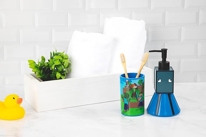 Jay Franco Minecraft 2 Piece Set - Blue Soap Dispenser & Tumbler Set - Kids Resin Bathroom Accessories Features Creeper