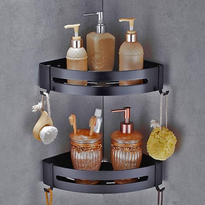 Wall Hanging Space Aluminum Double Layer Storage Rack, Corner Shelf with Hooks, Modern Bathroom Shelf for Towels Keys, Black Spray Paint Finish, and