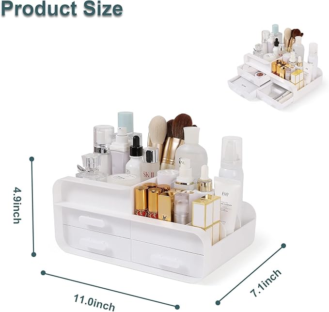 Makeup Desk Organizer With Drawers, Multifunction Desk Skincare Organizer for Dressing Table, Vanity Countertop, Bathroom Counter, Lotions, Lipstick and Nail Polish (White)