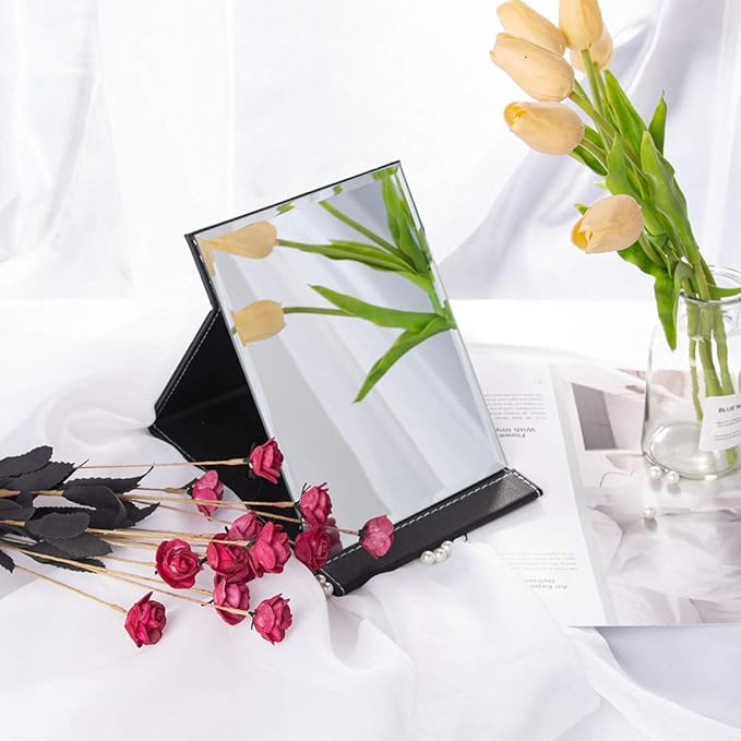 LONGSHENG - SINCE 2001 - Protable PU Leather Mirror Folding Desktop Makeup Mirror with Adjustable Stand for Personal Use,Travelling (M, Black)