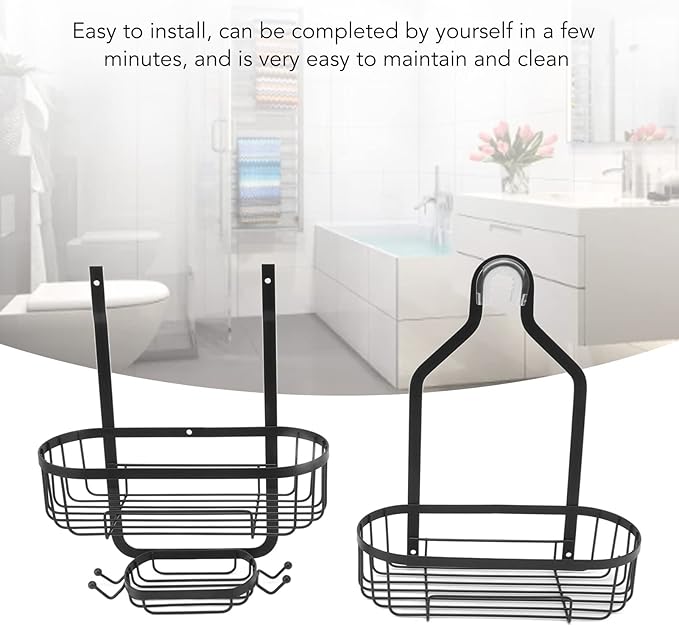 Metal Iron Wall Mounted Bathroom Basket, Punch Free Bathroom Shelves, 2 Layer Wall Mount Storage Basket for Bathroom with Adhesive Backing for Tile Glass Marble Surfaces (Black)