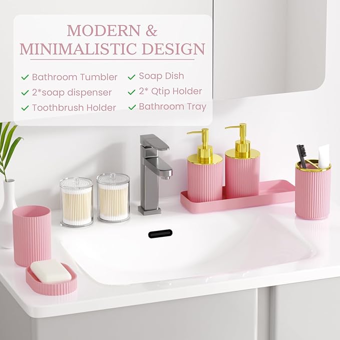 Light Pink Bathroom Accessories Set, 10PC Bathroom Set, Bath Accessory with Pop Up Trash Can, Soap Dispenser, Toilet Brush, Toothbrush Set Qtip Holders & Tray