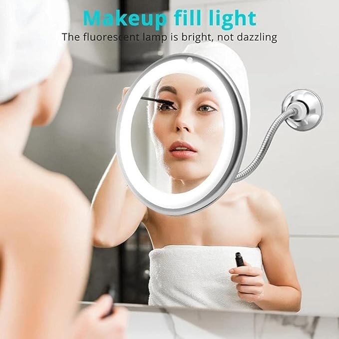 Makeup Mirror with LED Light and Suction Cup 360 Degree Swivel Flexible Gooseneck 10X Magnifying Mirror Travel and Home Bathroom Vanity Mirror (White)
