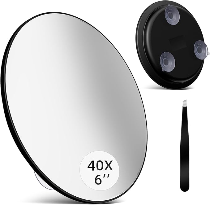Large 6" 40x Strong Powerful Magnifying Mirror with Tweezers, Travel Magnified Mirrors 40X with Suction Cups, High Magnification Round Magnification Make up Mirror Nearly 50x