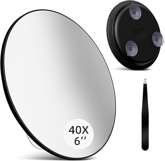 Large 6" 40x Strong Powerful Magnifying Mirror with Tweezers, Travel Magnified Mirrors 40X with Suction Cups, High Magnification Round Magnification Make up Mirror Nearly 50x