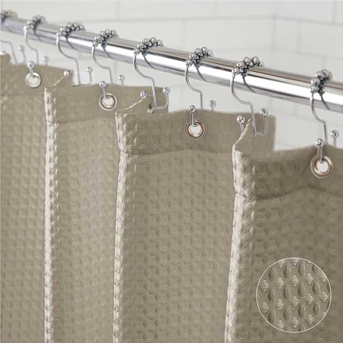 GORILLA GRIP Waffle Shower Curtain, Thick Weighted Fabric, Wrinkle and Rust Resistant, Classic Hotel Quality Design, Heavy Duty Long Curtains for Bathroom Showers, Bath Tubs, Machine Wash, 72x72 Beige