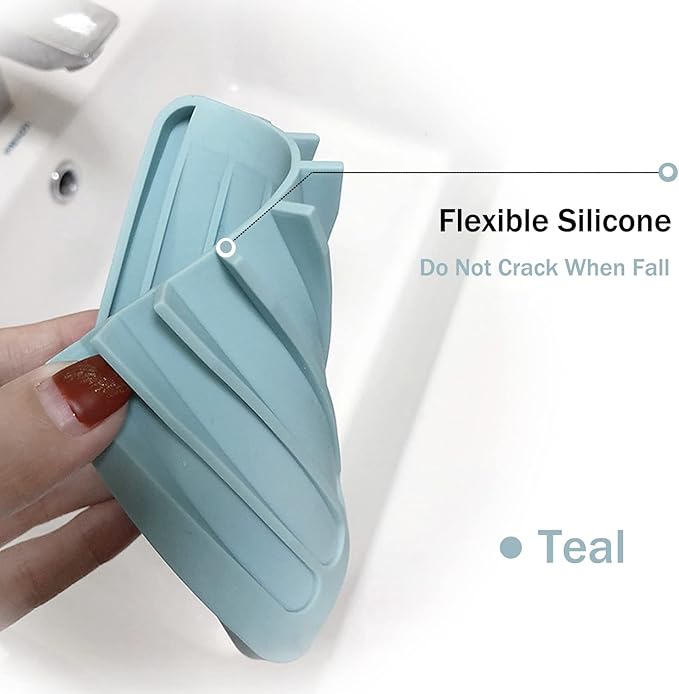4PCS Self Draining Soap Holder, Premium Silicone Soap Dish, Waterfall Drainer Soap Saver for Bathroom, Kitchen, Bath Tub, Extend Soap Life, Keep Soap Bars Dry Easy Clean (Grey & Teal)