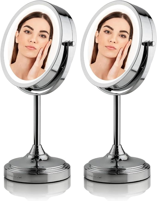 OVENTE 7'' Lighted Tabletop Makeup Mirror, 1X & 7X Magnifier, Spinning Double Sided Round LED, Great for Vanity, Bath, & Bedroom, Battery Powered, Polished Chrome MCT70CH1X7X (Pack of 2)