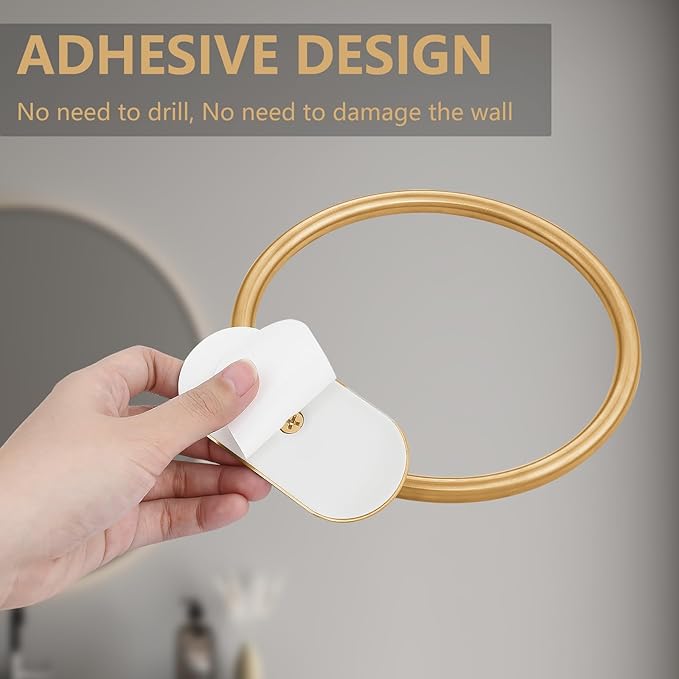 Self Adhesive Towel Ring and Toilet Paper Holder, No Drilling Stainless Steel Bathroom Hardware Set, Sturdy Bathroom Accessories for Home or Kitchen, Wall Mounted (Gold)