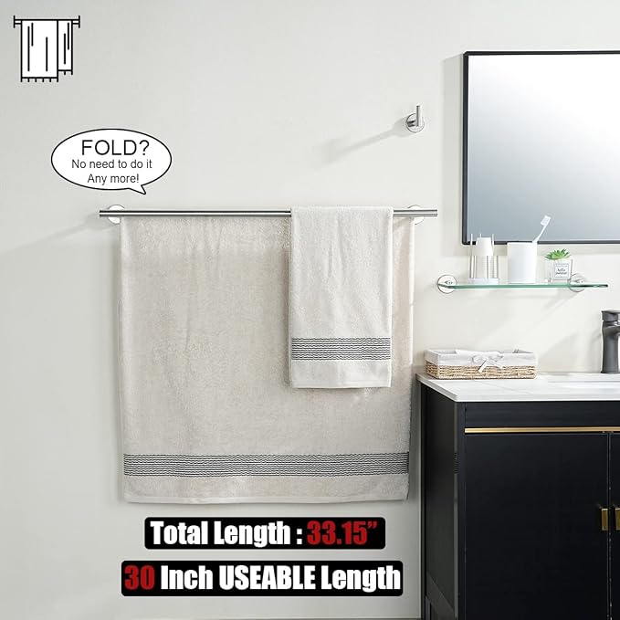 JQK Double Bath Towel Bar, 33 Inch 304 Stainless Steel Thicken 0.8mm Towel Rack for Bathroom, Towel Holder Brushed Finished Wall Mount, Useable Length 30 Inch, TB100L30-BN