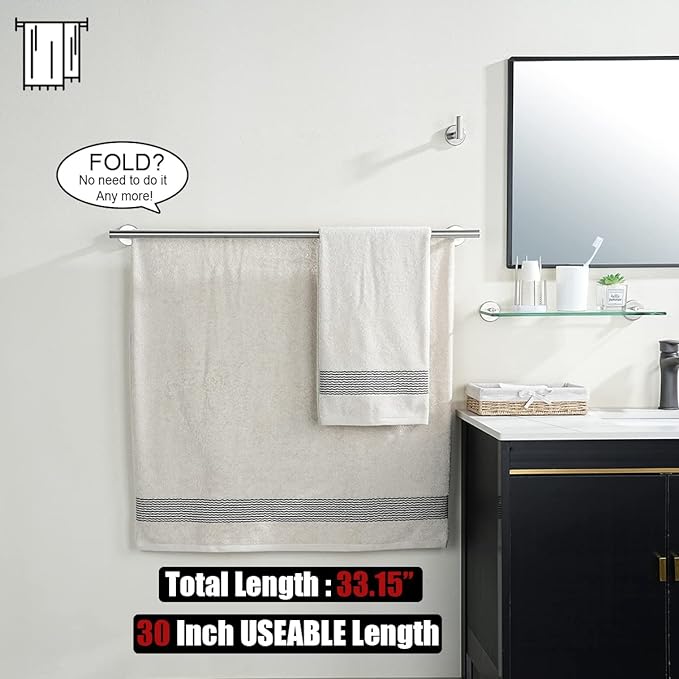 JQK Double Bath Towel Bar, 33 Inch 304 Stainless Steel Thicken 0.8mm Towel Rack for Bathroom, Brushed Finished Wall Mount, 30 Inch Useable Length 2 Pack, TB100L30-BN-P2