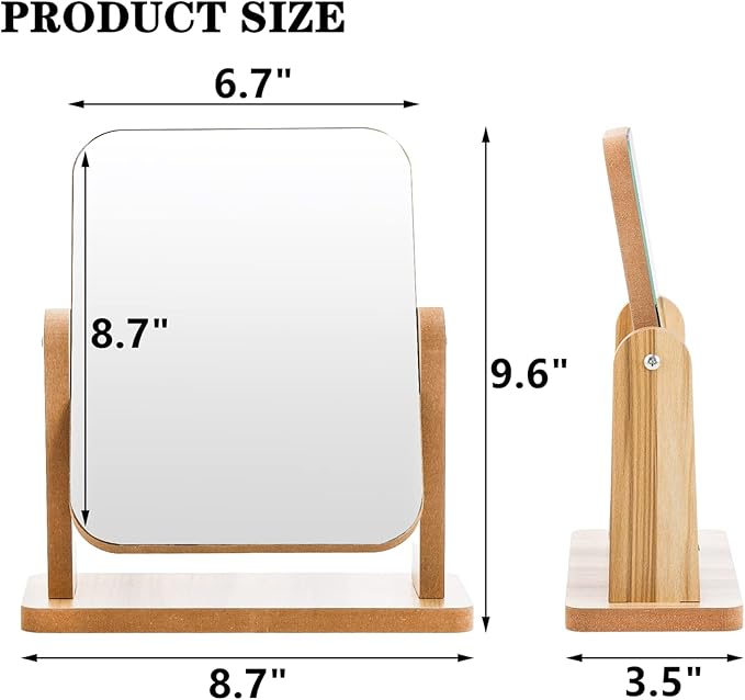 DEAYOU 2 Pack Vanity Mirror with Wood Stand, 360 Degree Rotation Makeup Mirror, Small Standing Swivel Cosmetic Mirror, Portable Wood Tabletop Mirror for Desk, Make Up, Gift, High-Definition