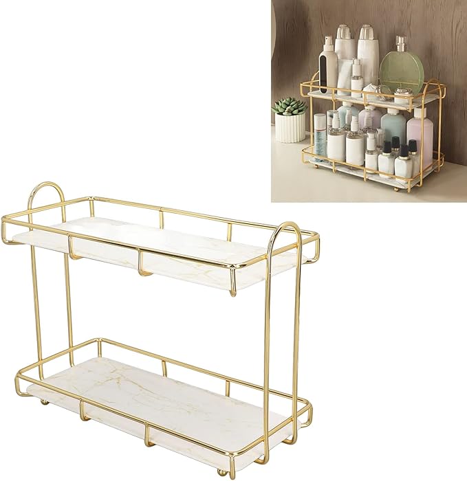 2 Tier Bathroom Shelf Countertop Standing Shelf with Partition Cosmetic Storage Rack Holder Gold (Small 31x23cm)