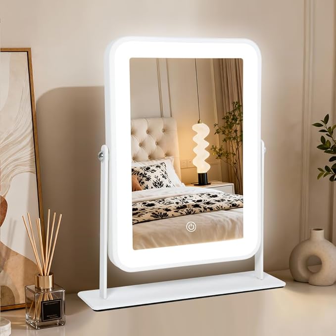 YEKKOPT Small Desk Mirror with Lights, Lighted Makeup Mirror with Light, Portable Tabletop Make Up Mirror for Desk, Vanity Mirror with Lights,Smart Touch Control, Dual Power Supply, 360°Rotation